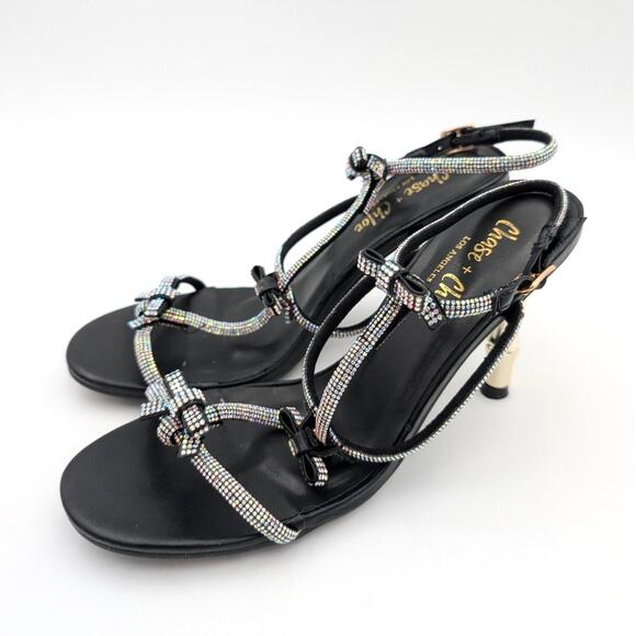 Chase & Chloe Bamboo Heel Sandal Rhinestone Strap Women's Black Size US7.5 EU38 - Picture 1 of 10